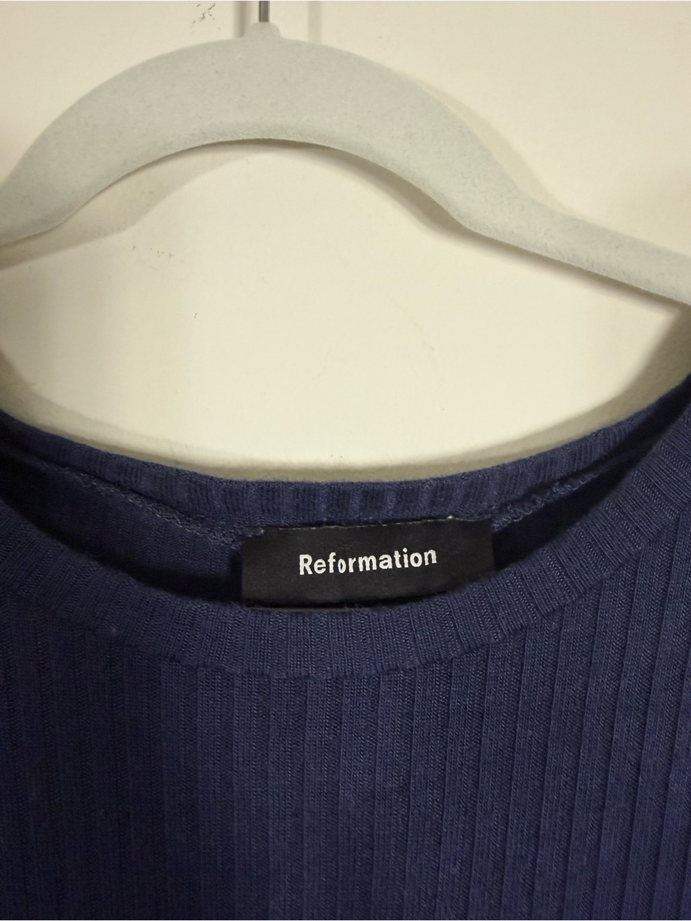 Reformation Janine Knit Top Navy Blue Short Sleeve Ribbed XL - Picture 6 of 7